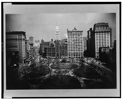 [View of Union Square, New York City, showing park and surrounding buildings]