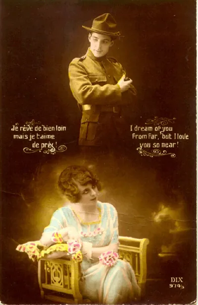 Hand-tinted romantic postcard of soldier and woman with French and English verse