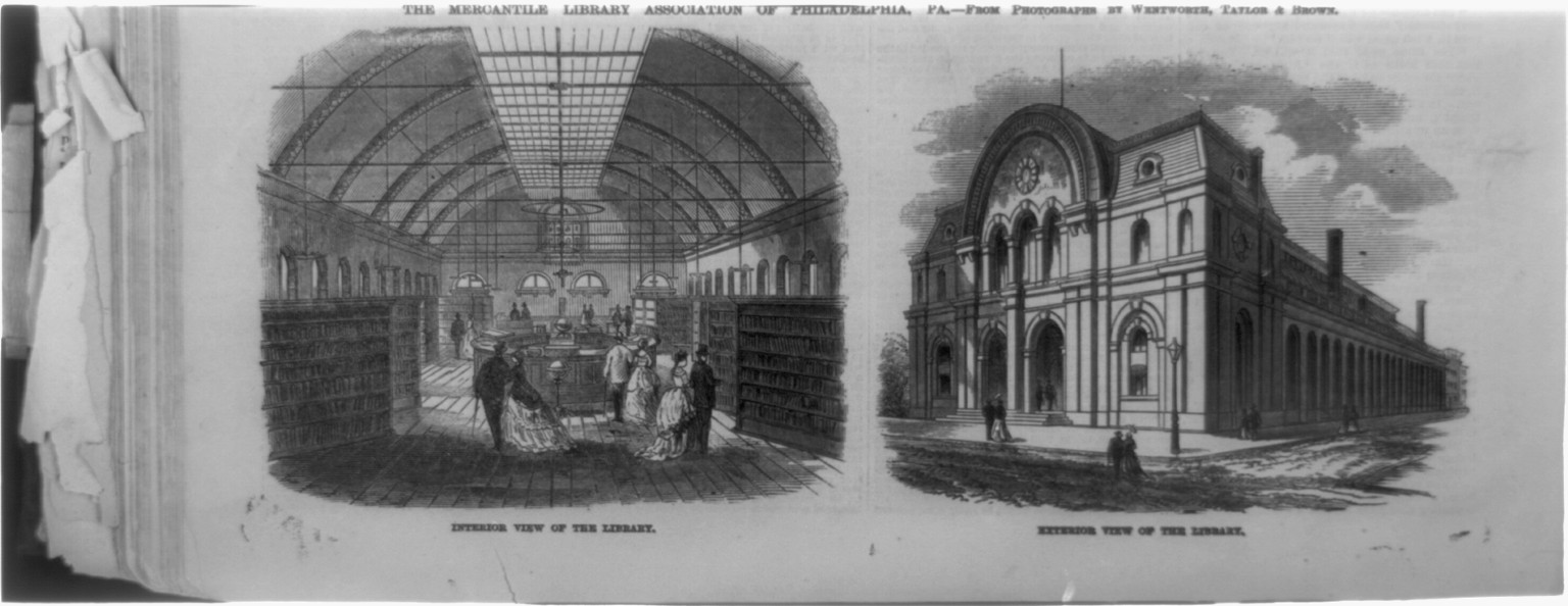 The Mercantile Library Association of Philadelphia, Pa. [interior and exterior views], 1869 — antique engraving