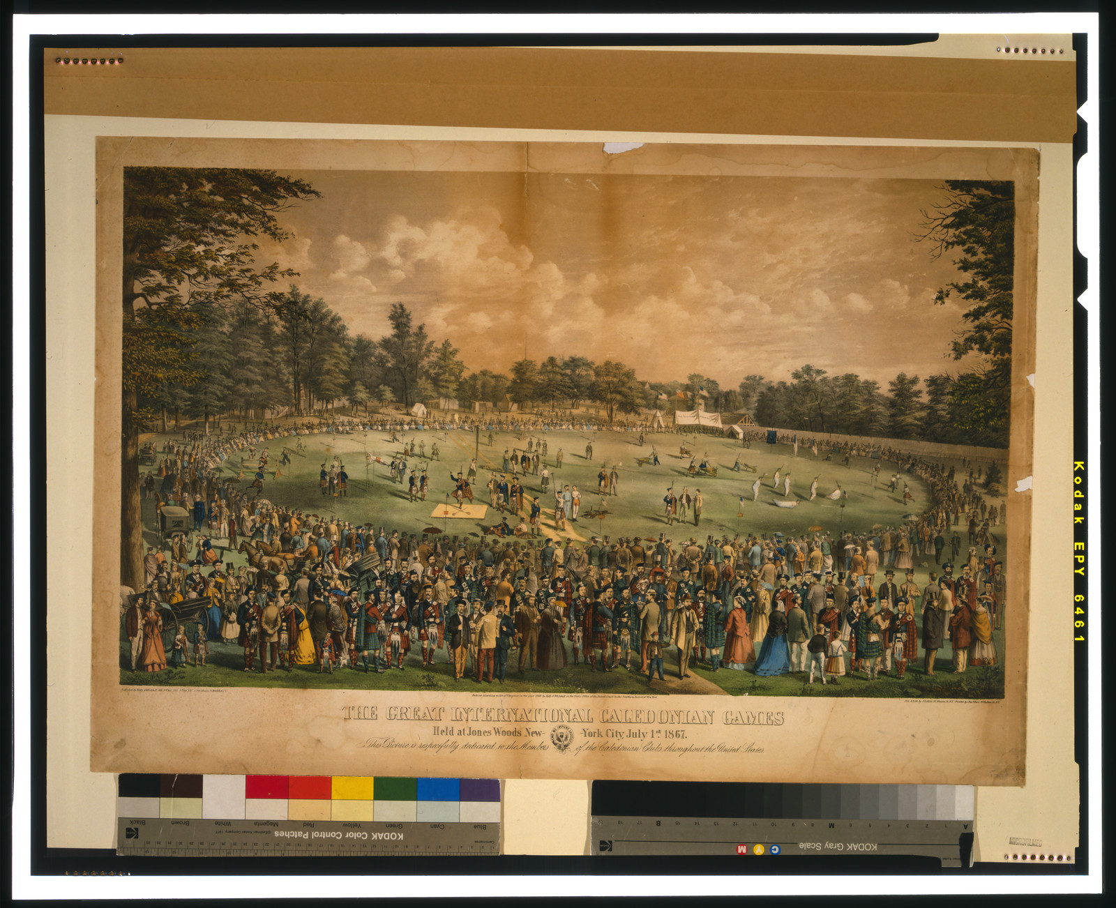 The great international Caledonian games Held at Jones Woods New York City, July 1st 1867 / des. & lith. by J.L. Giles ; printed by Chas. Hart., N.Y. : Published by Kelly & Whitehill, c1868 (N.Y. : printed by Chas. Hart) — antique lithograph