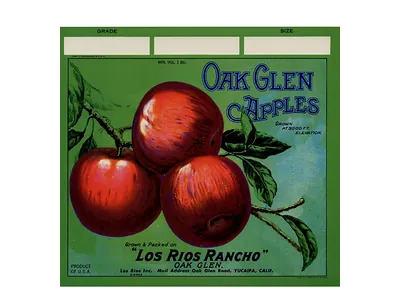 Oak Glen Apples crate label with three red apples