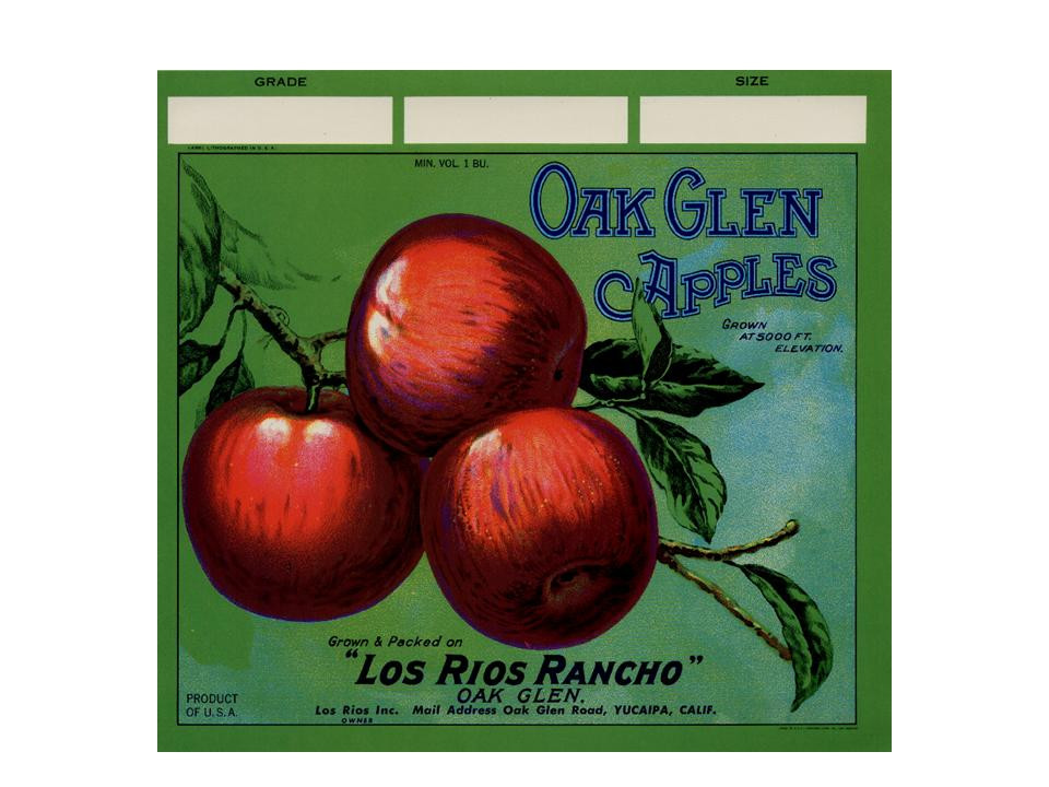 Oak Glen Apples crate label with three red apples — historic image
