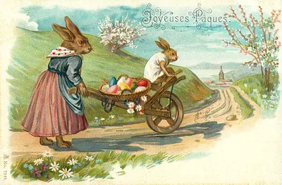Joyeuses Pâques Easter postcard with rabbits and a wheelbarrow of eggs
