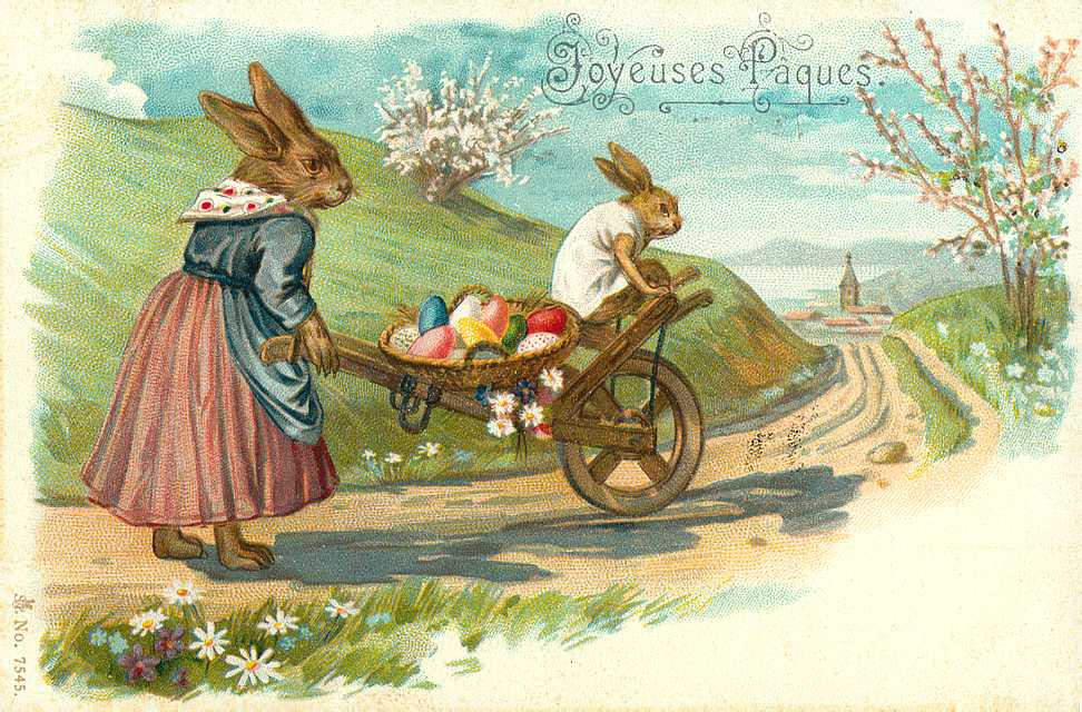 Joyeuses Pâques Easter postcard with rabbits and a wheelbarrow of eggs — vintage postcard