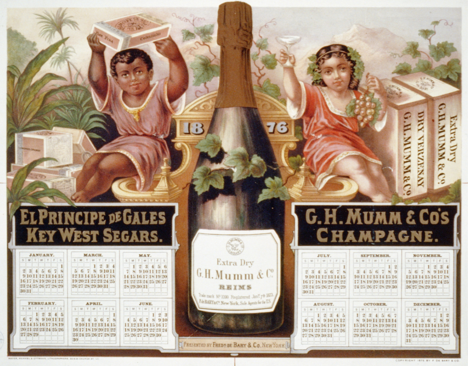 Calendar advertisement for G.H. Mumm & Co Champagne and Key West Segars, 1876 — historic image