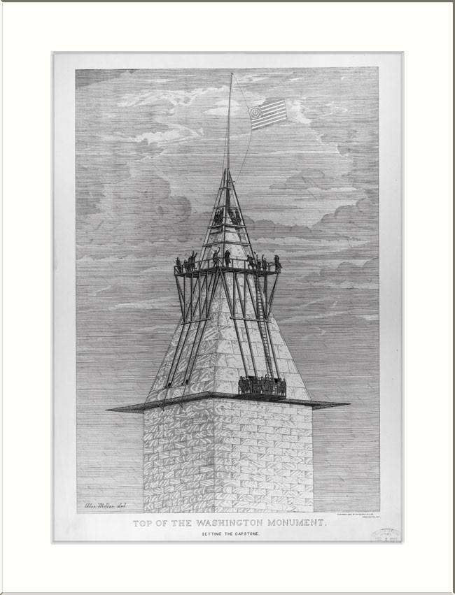 Top of the Washington Monument. Setting the capstone / Alex. Millar, del., c1885 Feb. 2. — antique engraving
