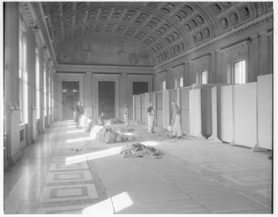 [Library of Congress interiors, 1958: South Gallery, 2nd floor; marble floor after repair; work in progress]