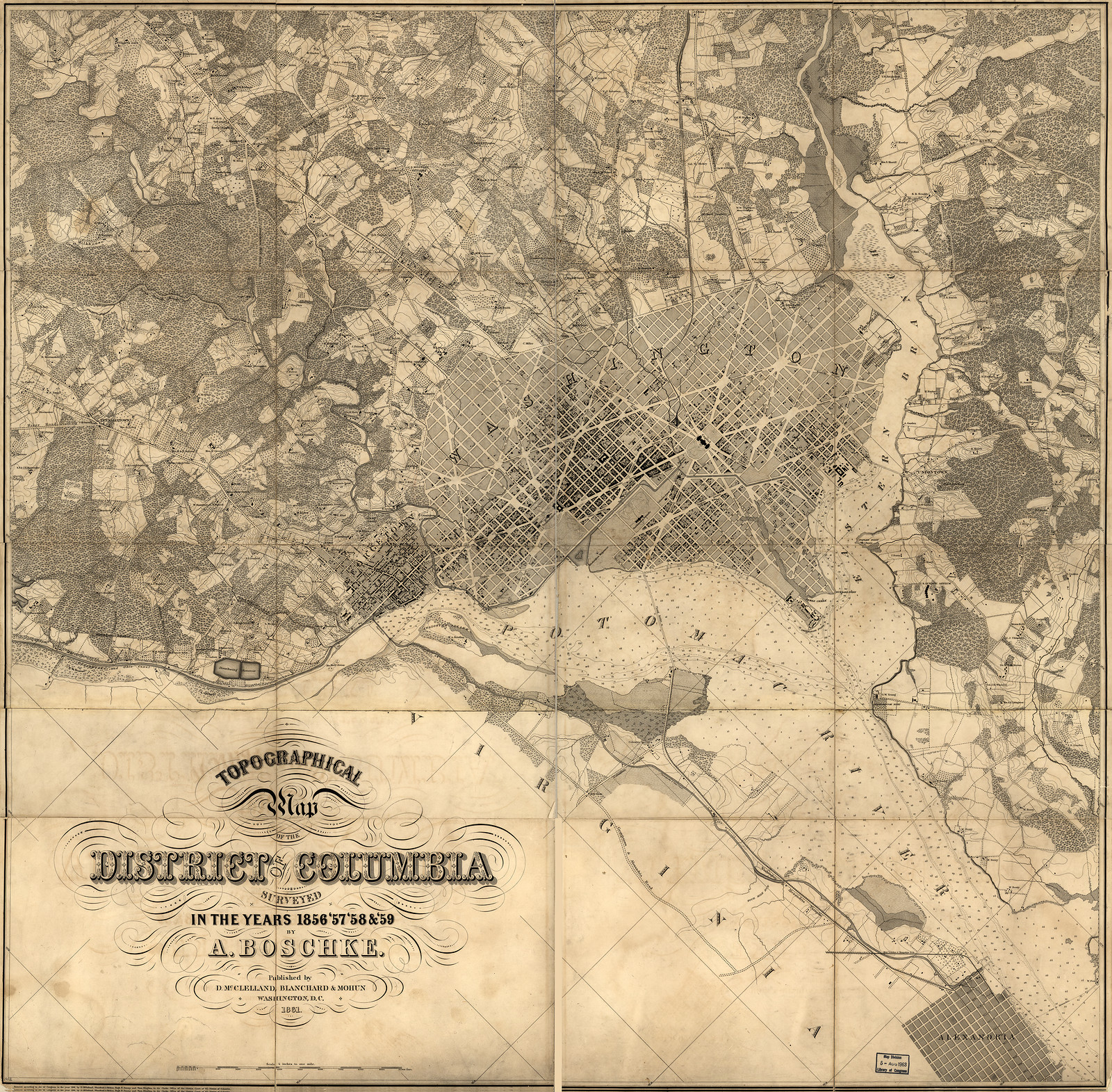 Topographical Map of the District of Columbia, Surveyed 1856-59 by A. Boschke — antique map