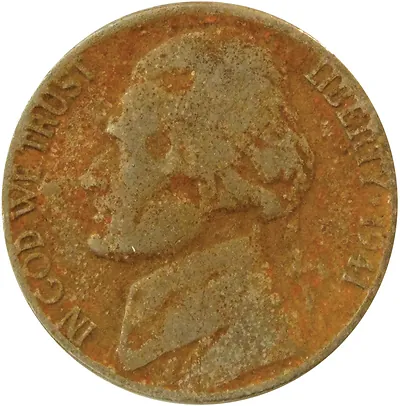 Jefferson nickel, 1941, worn obverse with LIBERTY and IN GOD WE TRUST