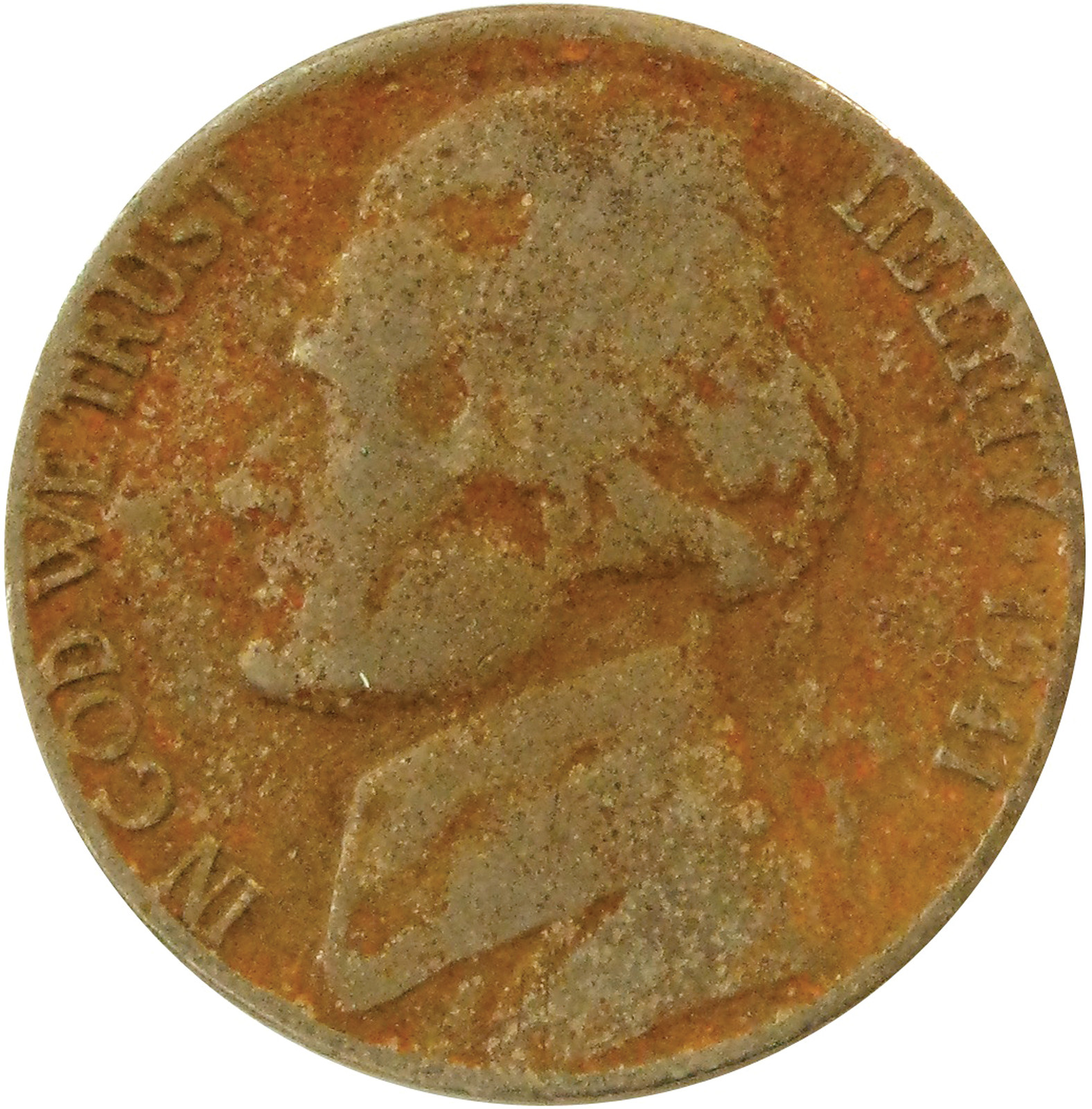Jefferson nickel, 1941, worn obverse with LIBERTY and IN GOD WE TRUST — historic image