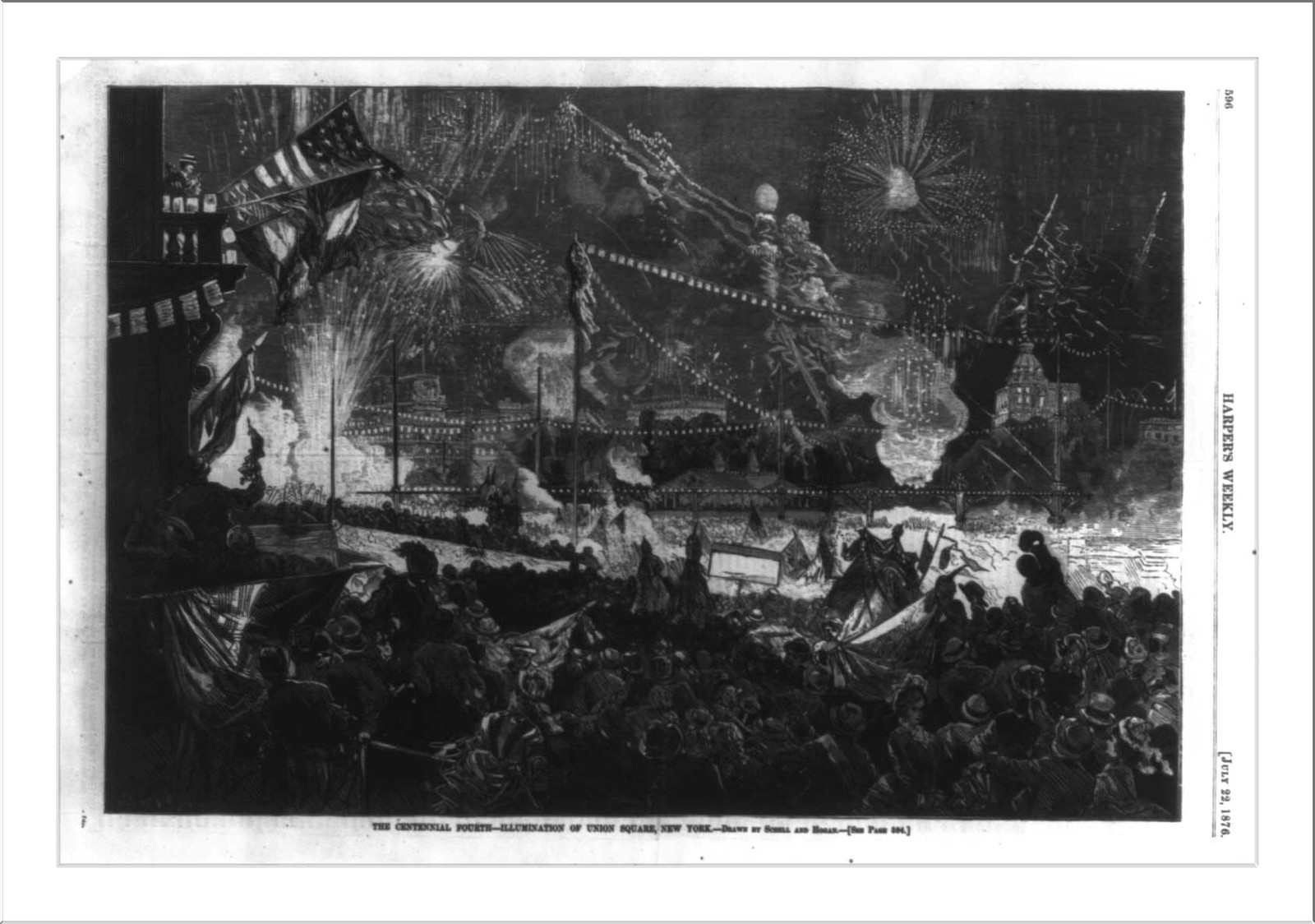 The Centennial Fourth - Illumination of Union Square, N.Y., 1876 — antique engraving