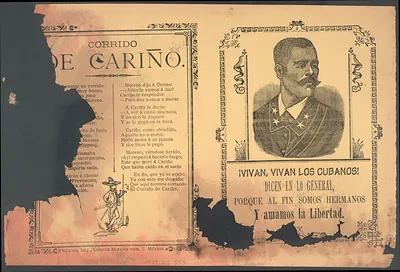 Corrido de Cariño broadside with portrait and ¡Vivan los cubanos! verses