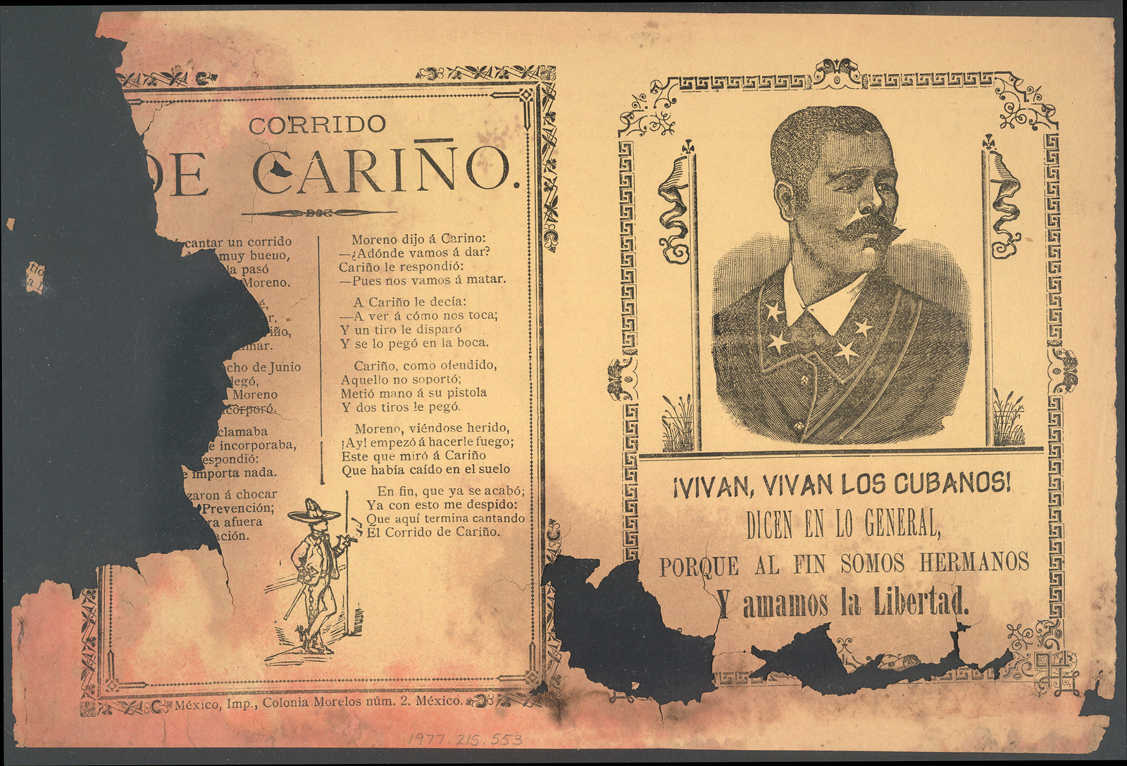 Corrido de Cariño broadside with portrait and ¡Vivan los cubanos! verses — historic image