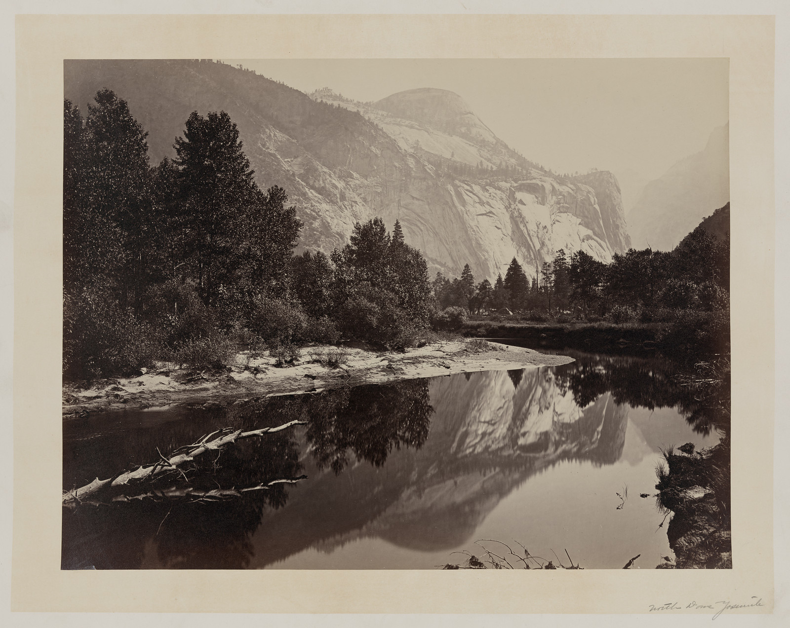 Granite dome reflected in still river, Yosemite — historic image
