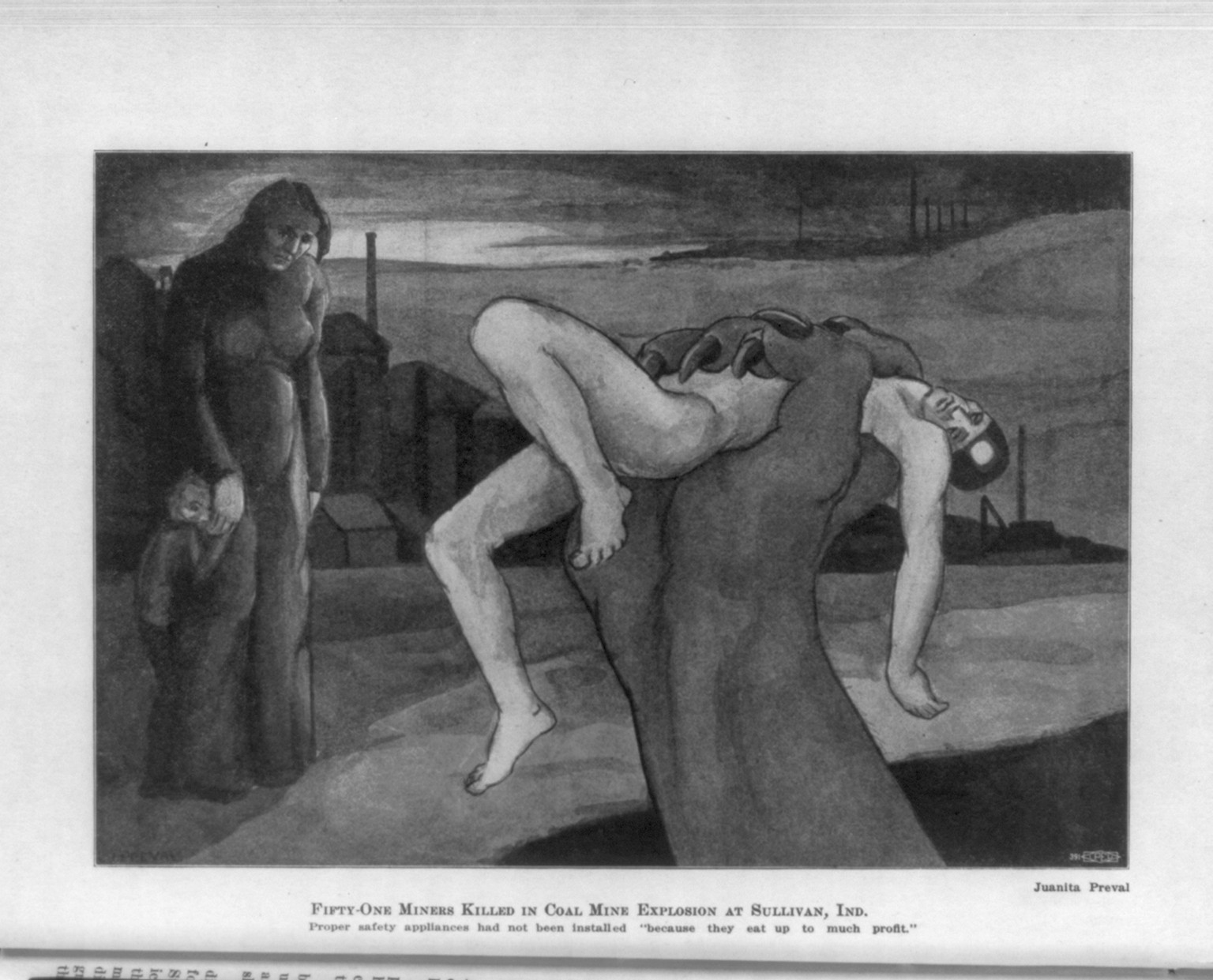 [Reproduction of drawing in the Workers Monthly, 1925: 51 miners killed in coal mine explosion at Sullivan, Ind.; hand of Death holding miner - v4#6] — historic drawing