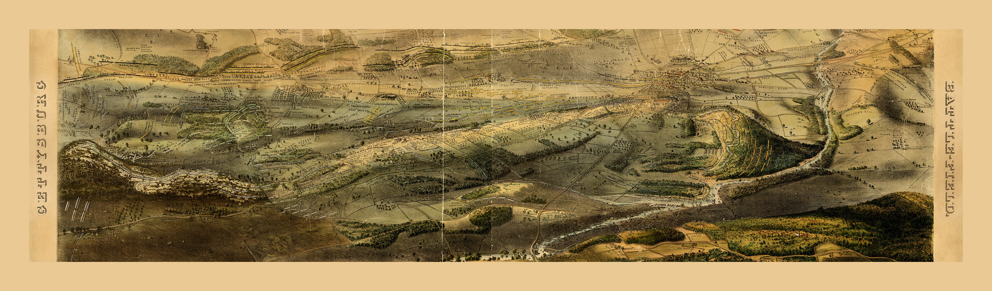 Panoramic bird's-eye map of the Gettysburg battlefield, 1863 — antique map