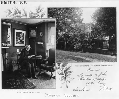 [Samuel Francis Smith, 1808-1895, full-length portrait, seated at a table in his study, facing right, and exterior view of The Homestead" at Newton Center Massachusetts]"