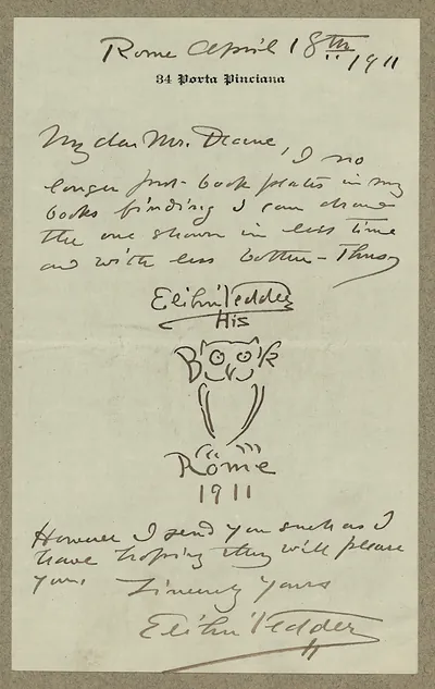 Handwritten letter from Elihu Vedder with owl sketch, Rome 1911