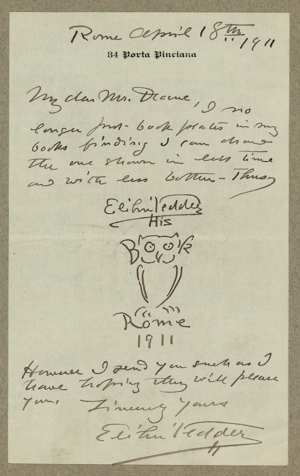Handwritten letter from Elihu Vedder with owl sketch, Rome 1911 — historic image