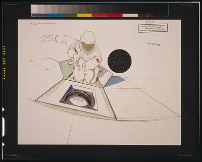 Astronaut extravehicular activity sketch, Saturn Five space station
