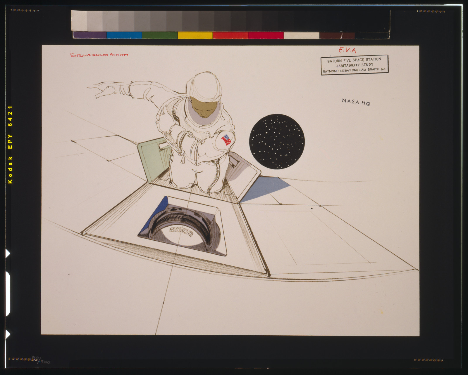 Astronaut extravehicular activity sketch, Saturn Five space station — historic image