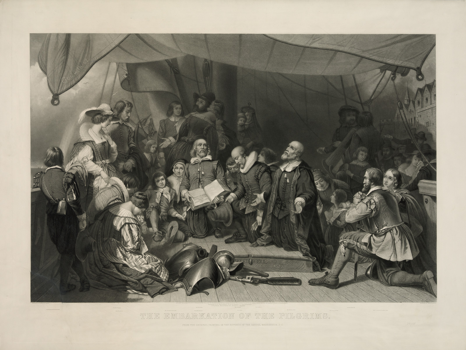 The Embarkation of the Pilgrims, engraved print — historic print