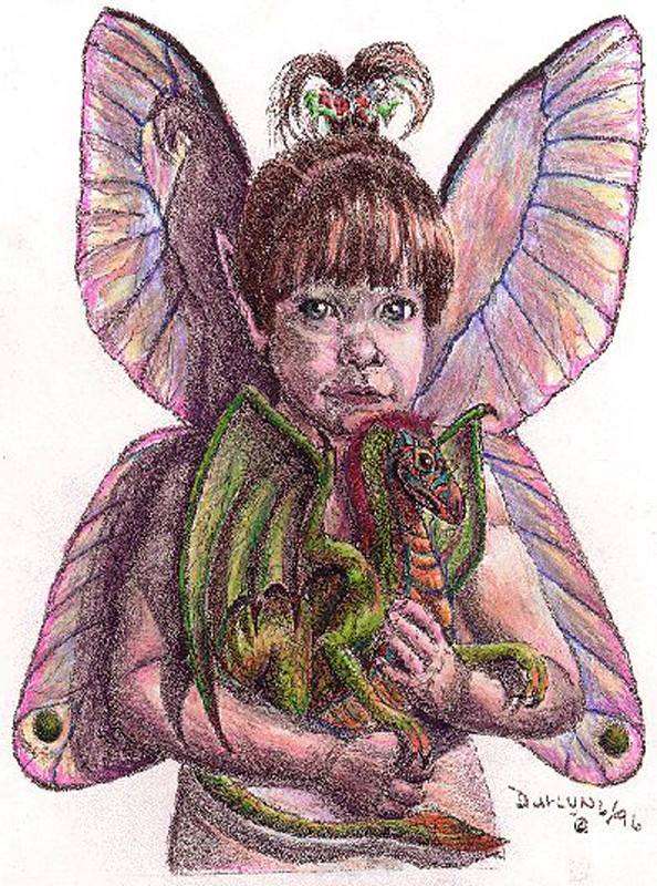 Winged child fairy holding a green dragon, colored pencil drawing — historic drawing