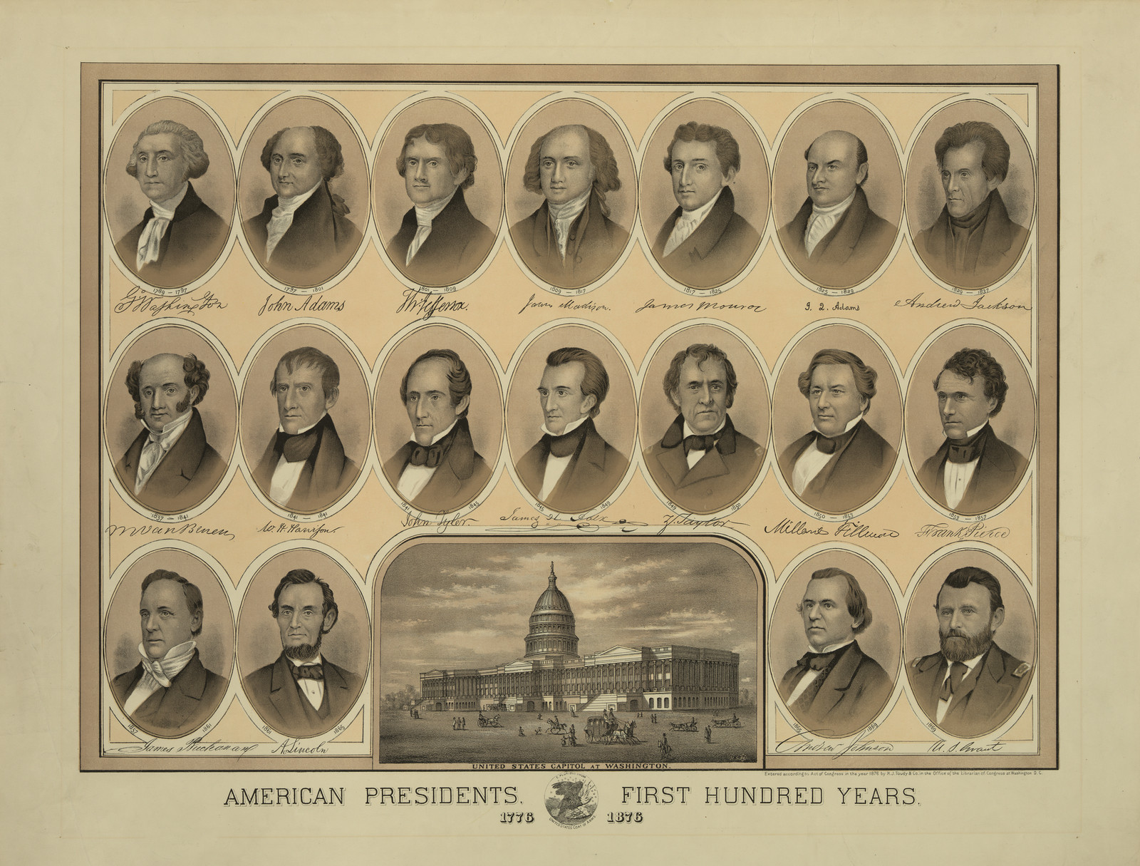 American Presidents - First Hundred Years, 1776 - 1876, c. 1876 — antique lithograph