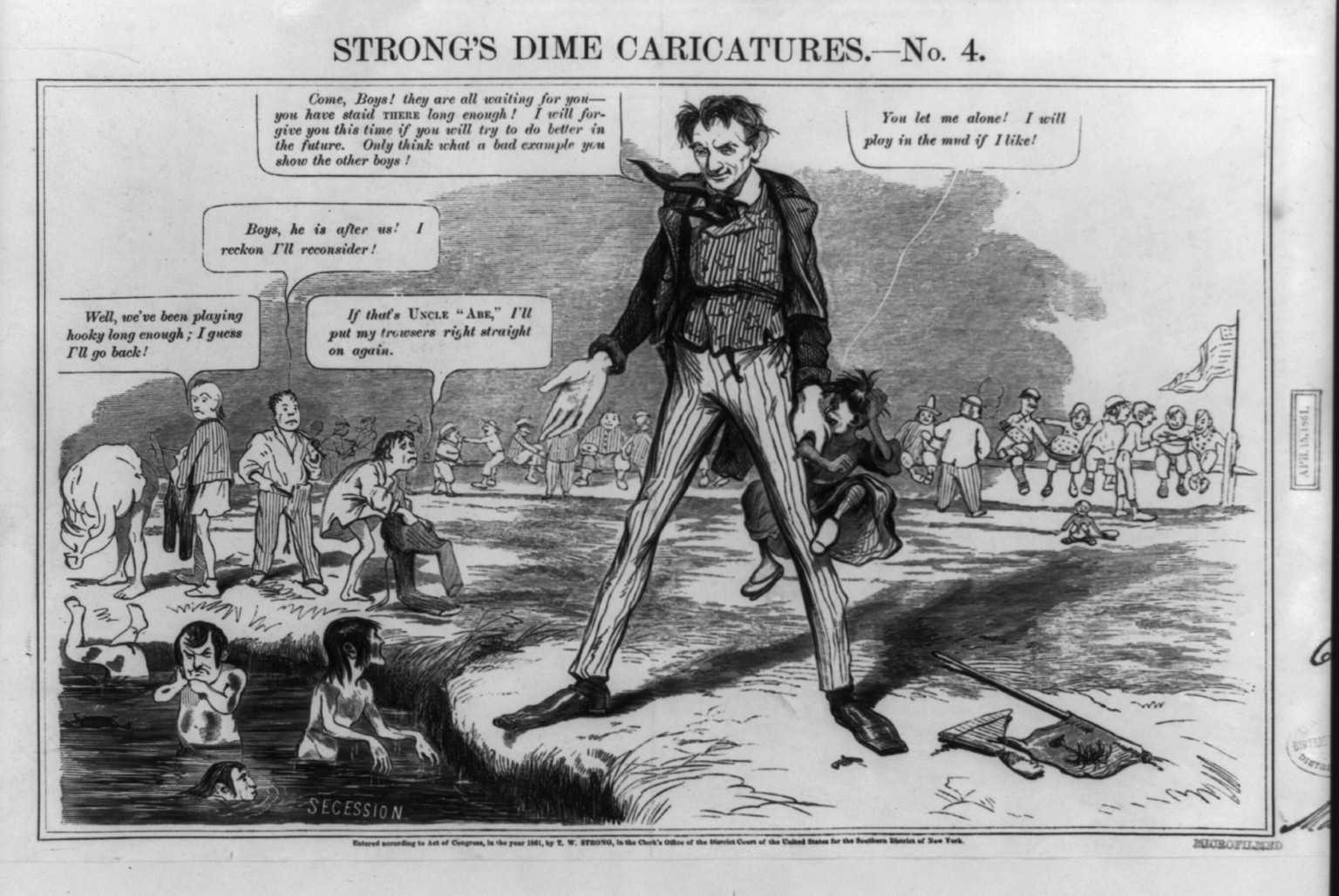 Strong's dime caricatures. No. 4, The schoolmaster abroad" at last", 1861 — antique engraving