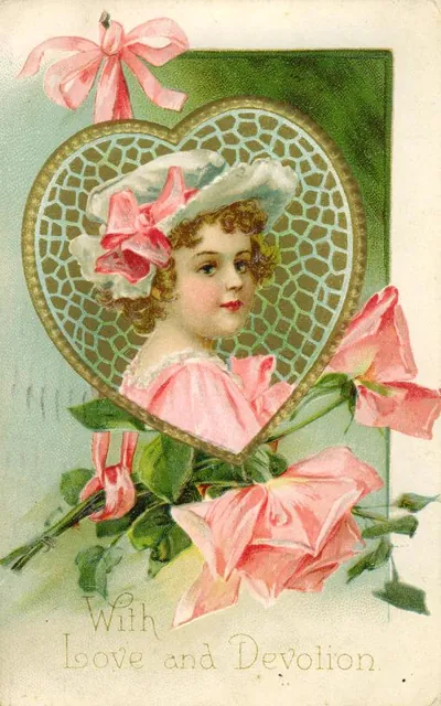 Victorian greeting card: girl in bonnet, pink roses, "With Love and Devotion