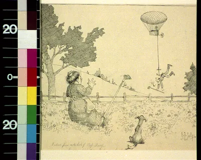 Woman watching a man dangling from a balloon, pen drawing