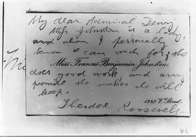 Theodore Roosevelt's card of introduction recommending Frances Benjamin Johnston as a photographer to Admiral George Dewey, 1899