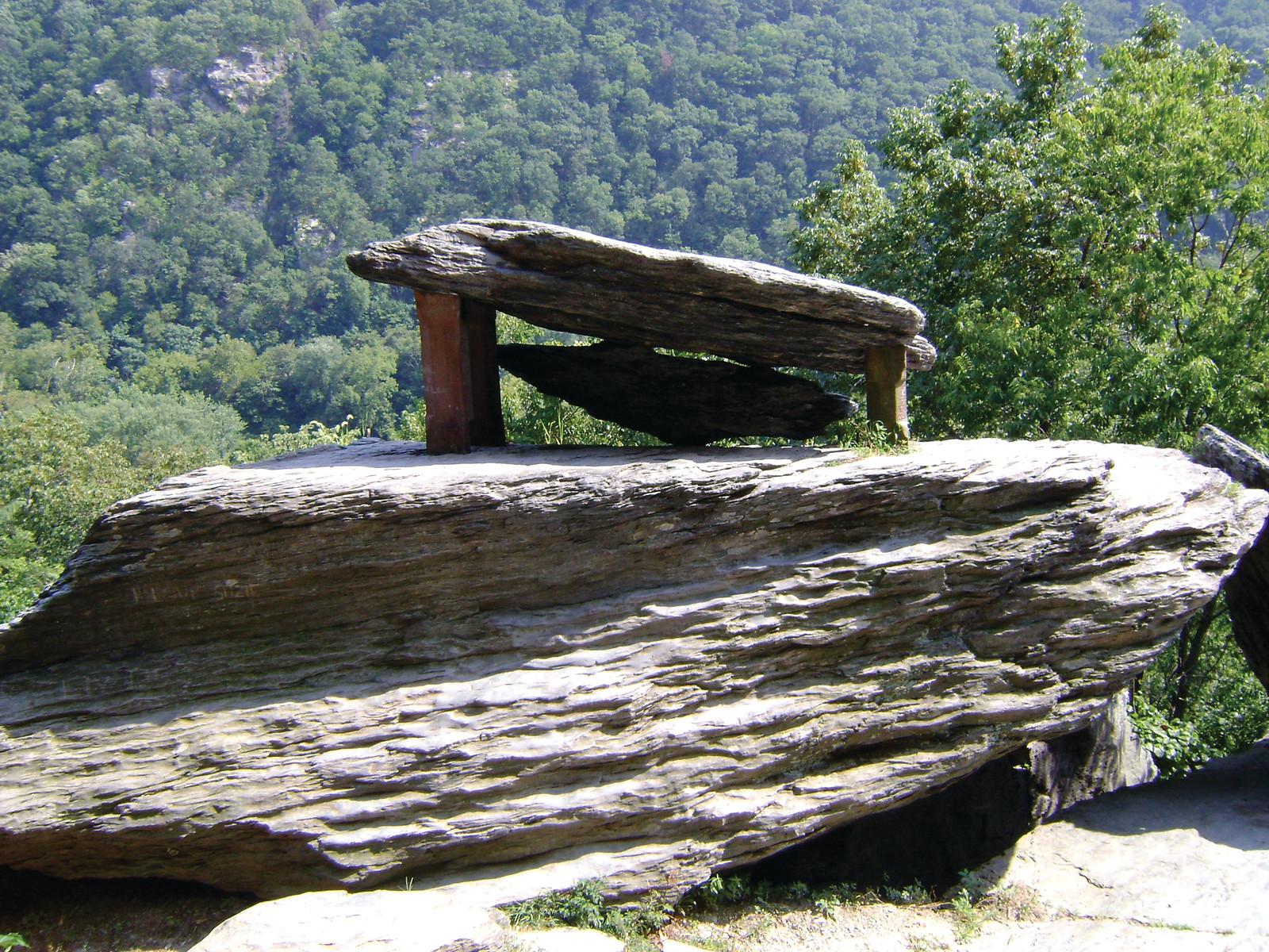 Layered rock outcrop with wooden bench above forested valley — historic image