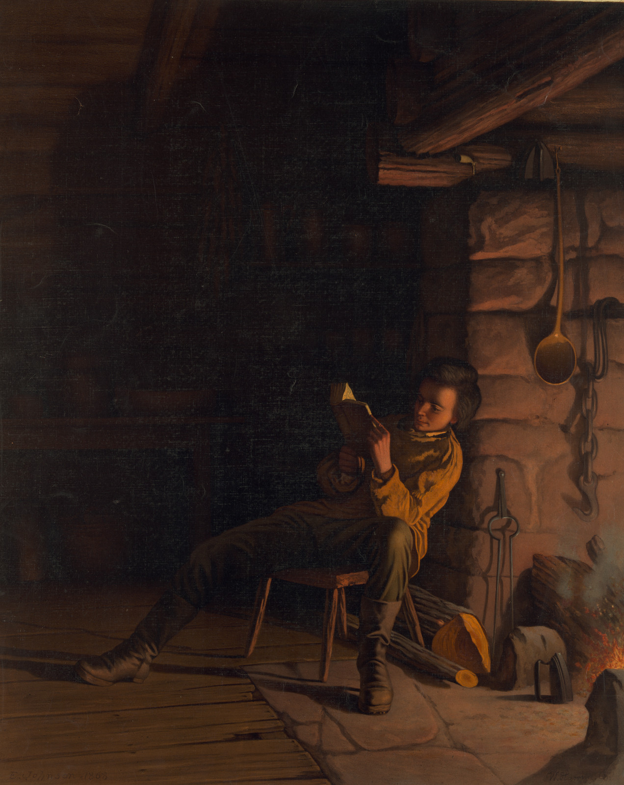 The Boyhood Of Lincoln - An Evening In The Log Hut, c. 1868 — antique lithograph