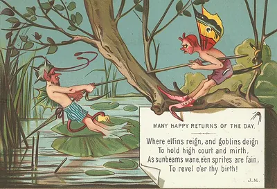 Many Happy Returns of the Day: elves and goblins verse card