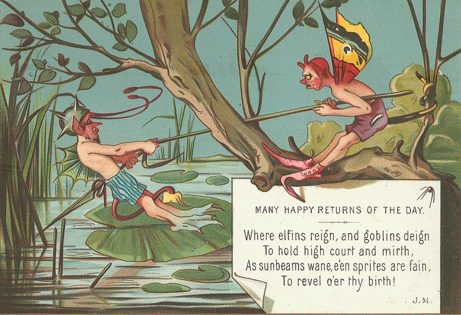 Many Happy Returns of the Day: elves and goblins verse card — historic image