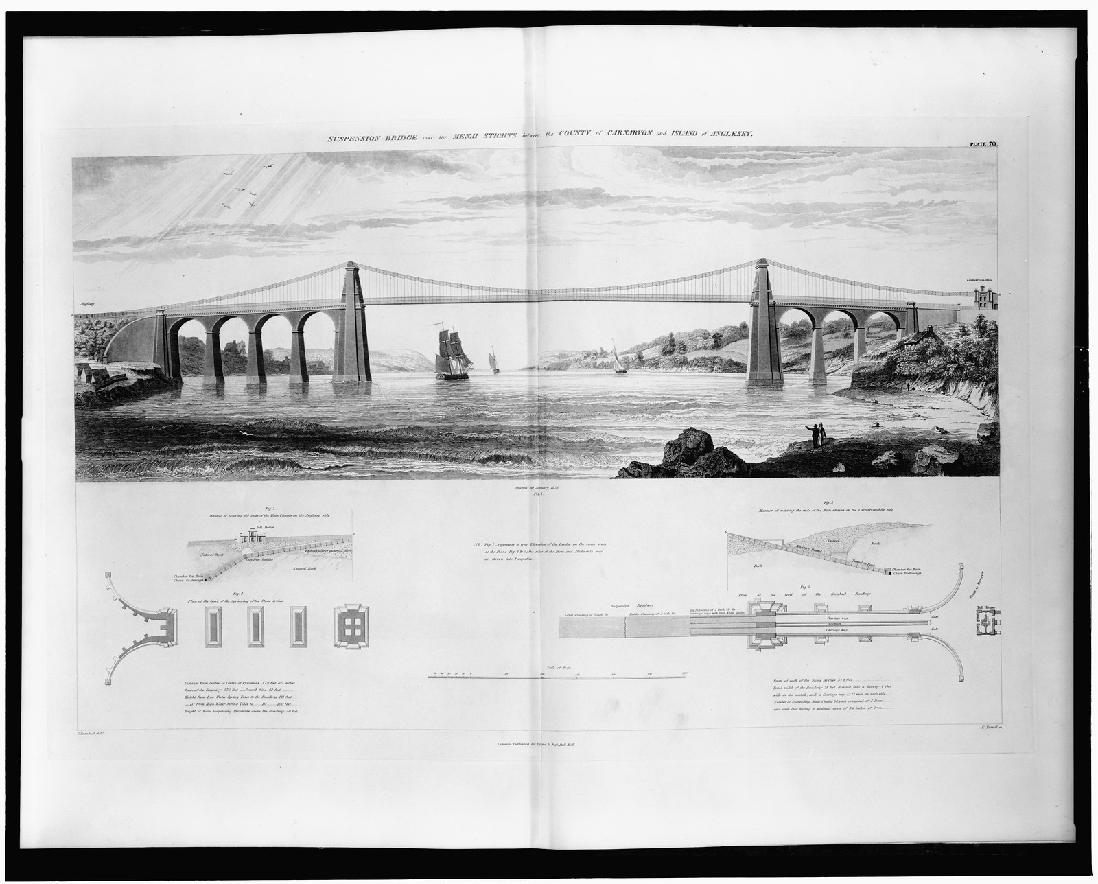 Suspension bridge over the Menai Straits between the county of Carnarvon and island of Anglesey, London : published by Payne and Foss, [1838] — antique engraving