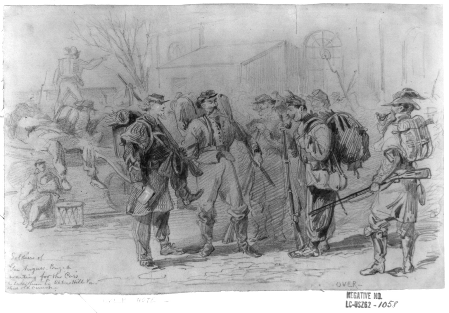 Soldiers of Gen Augurs Brigade waiting for the cars to take them to Uptons Hill, Va. their old camp, [1862 January - March] — historic drawing