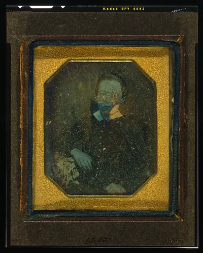 [Unidentified boy, half-length portrait, seated with arm resting on table with tablecloth]