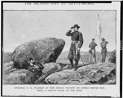General G.K. Warren at the signal station on Little Round Top / ARW.