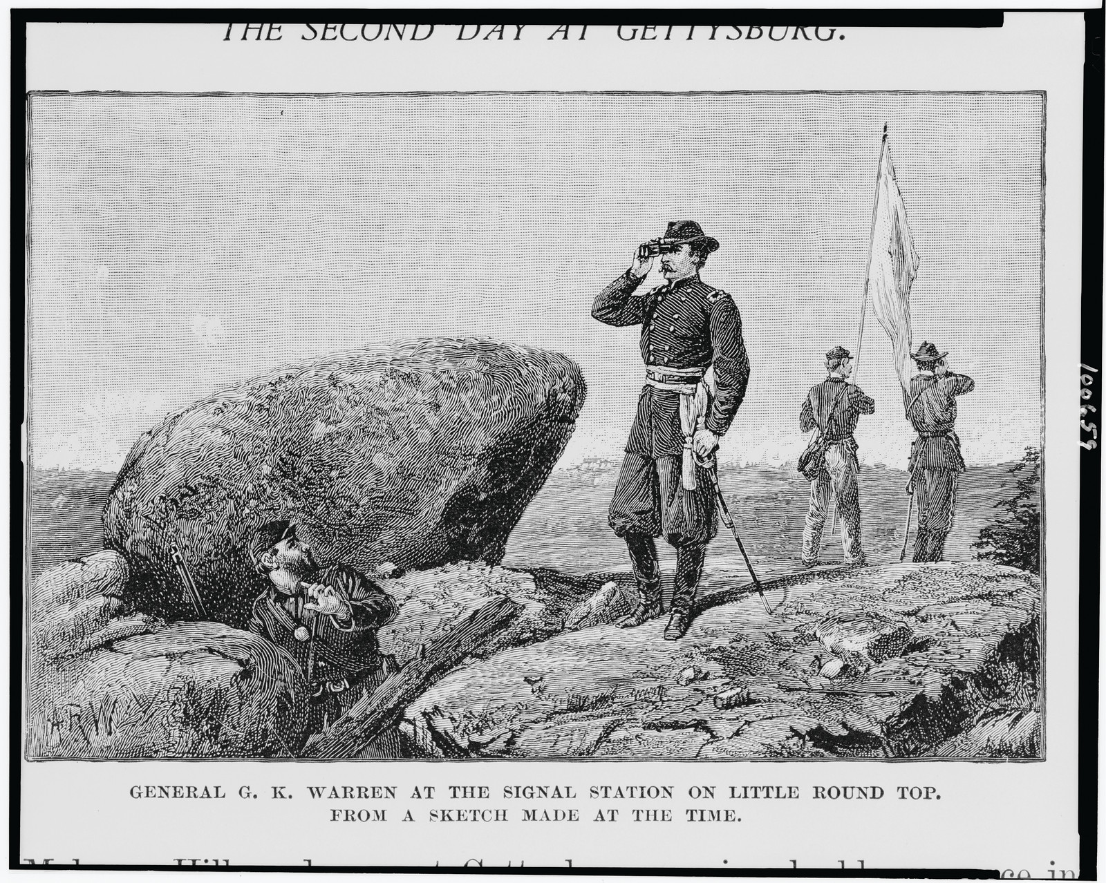 General G.K. Warren at the signal station on Little Round Top / ARW., [c1888, published 1888] — historic print