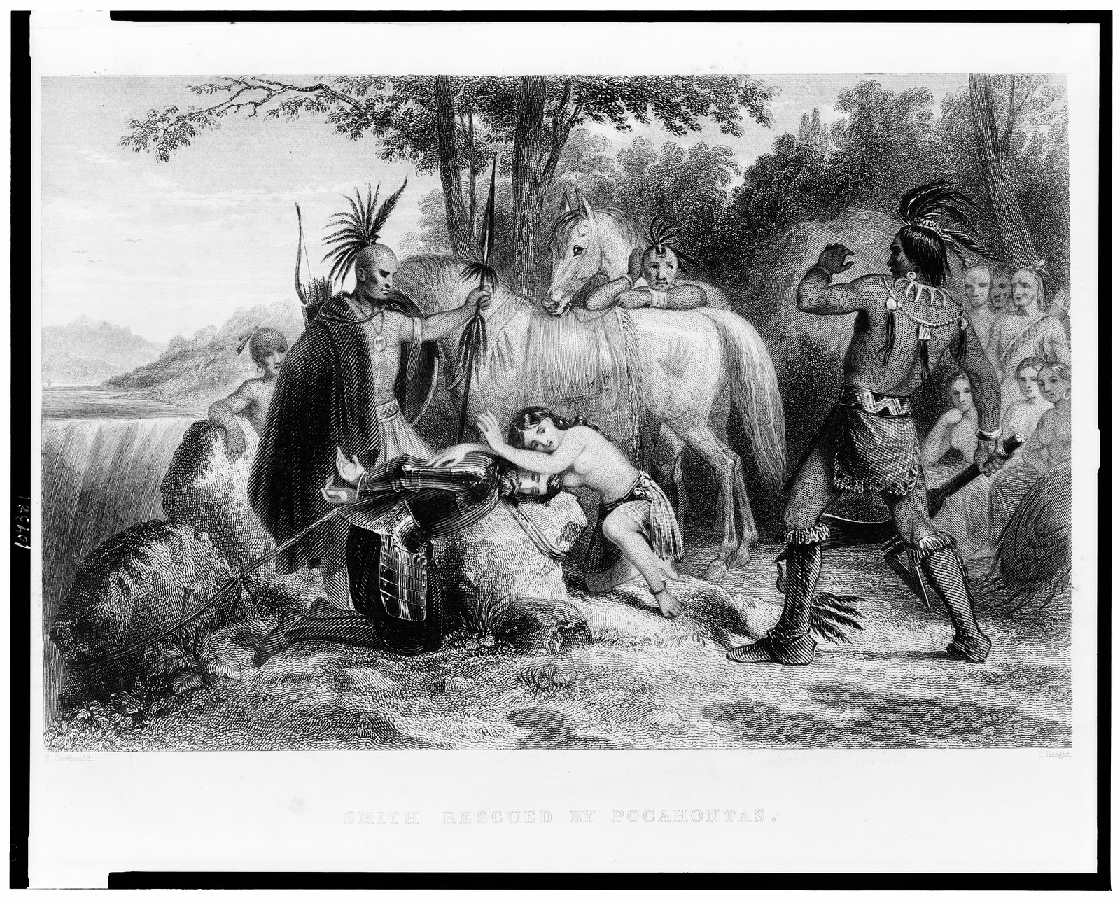 Smith rescued by Pocahontas / E. Corbould ; T. Knight., London : George Virtue, [between 1850 and 1900] — antique engraving
