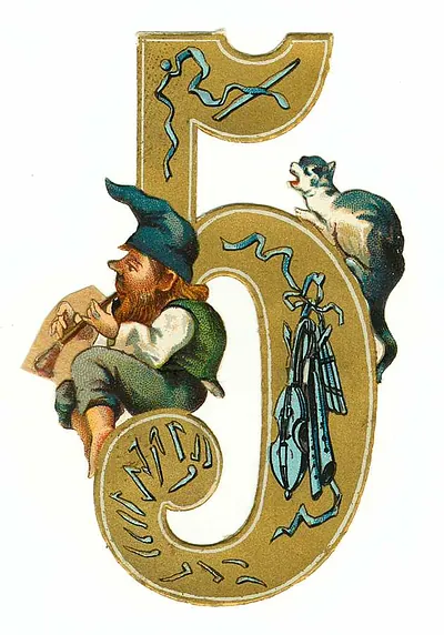 Decorative gold numeral 5 with gnome, flute and cat