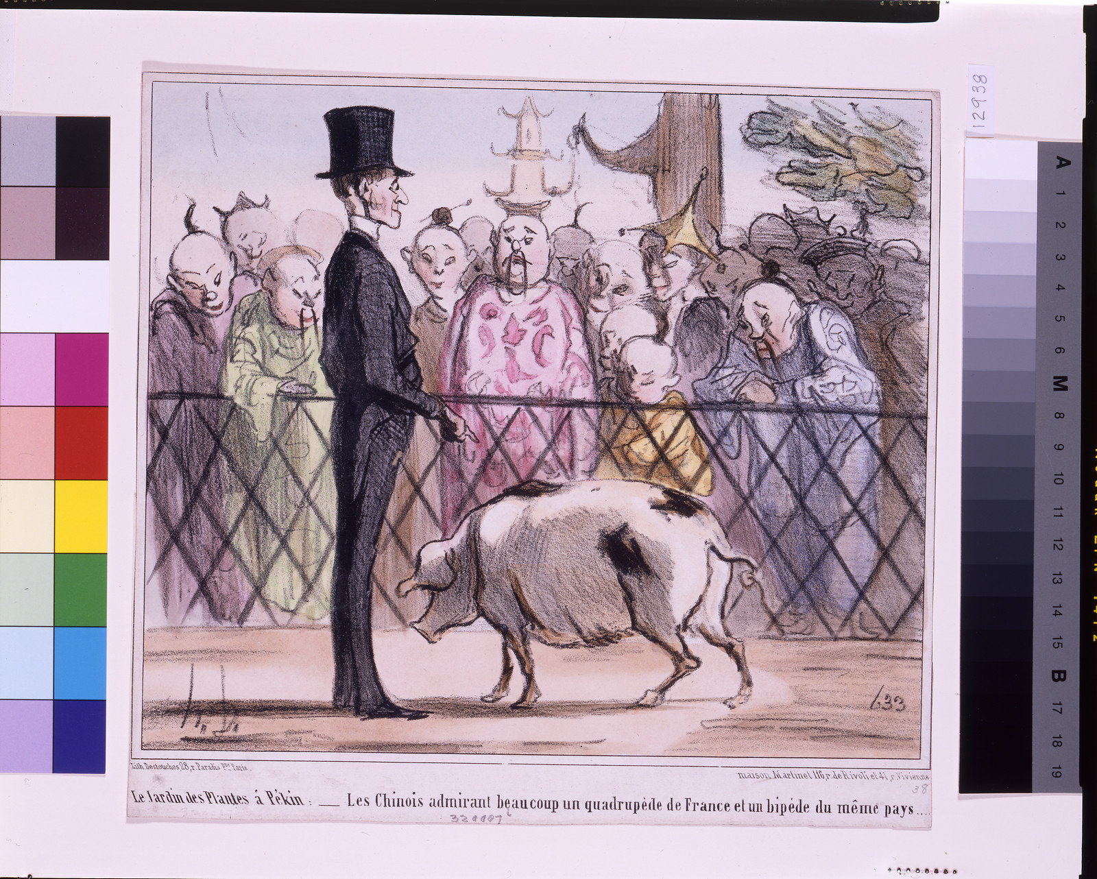 Le Jardin des Plantes à Pékin--Les Chinois admirant beaucoup un quadrupéd de France et un bipède du même pays ... / H.D. ; lith. Destouches. — antique lithograph