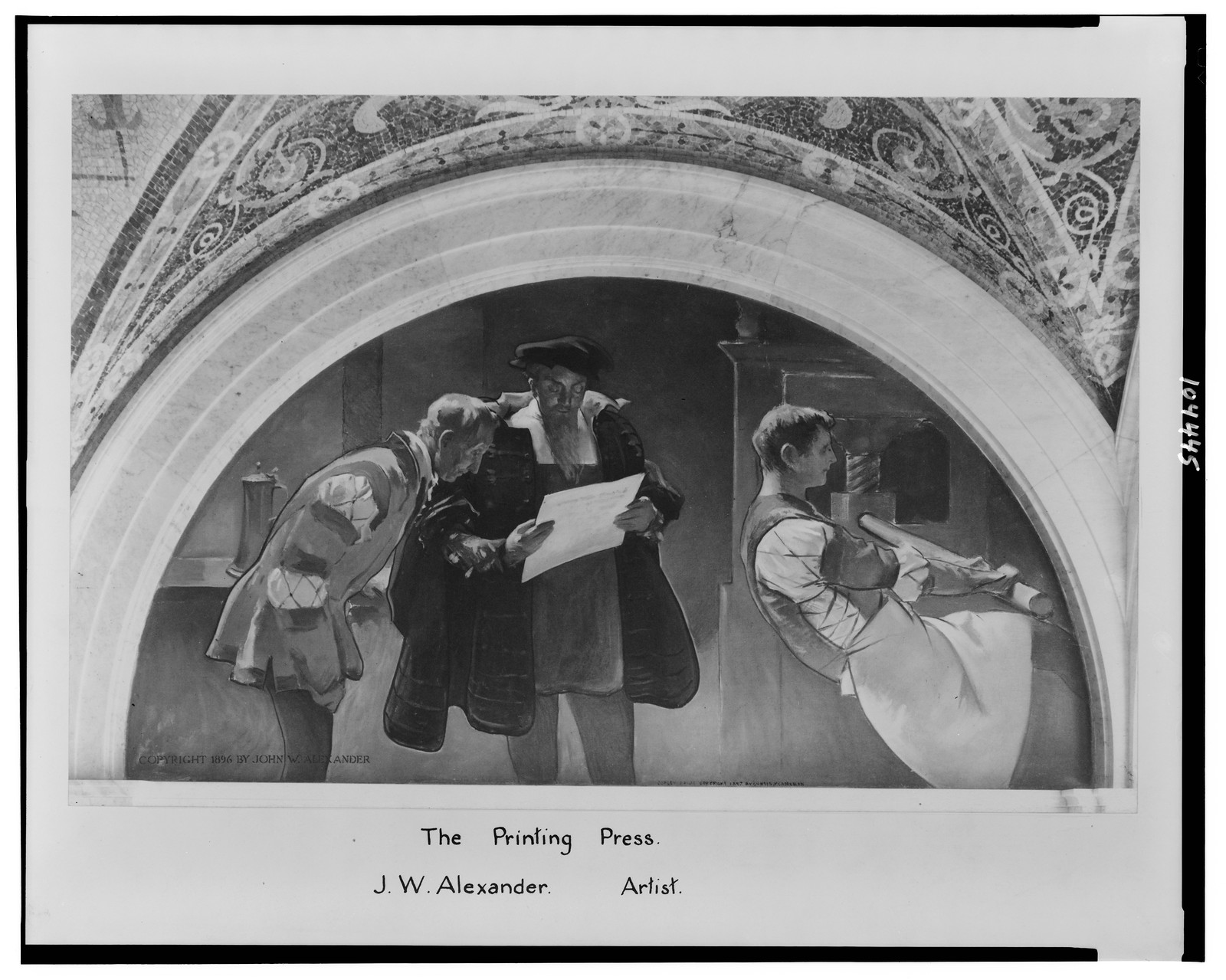Evolution of the book, east corridor. The printing press / J.W. Alexander, artist., c1896, c1897. — historic photograph