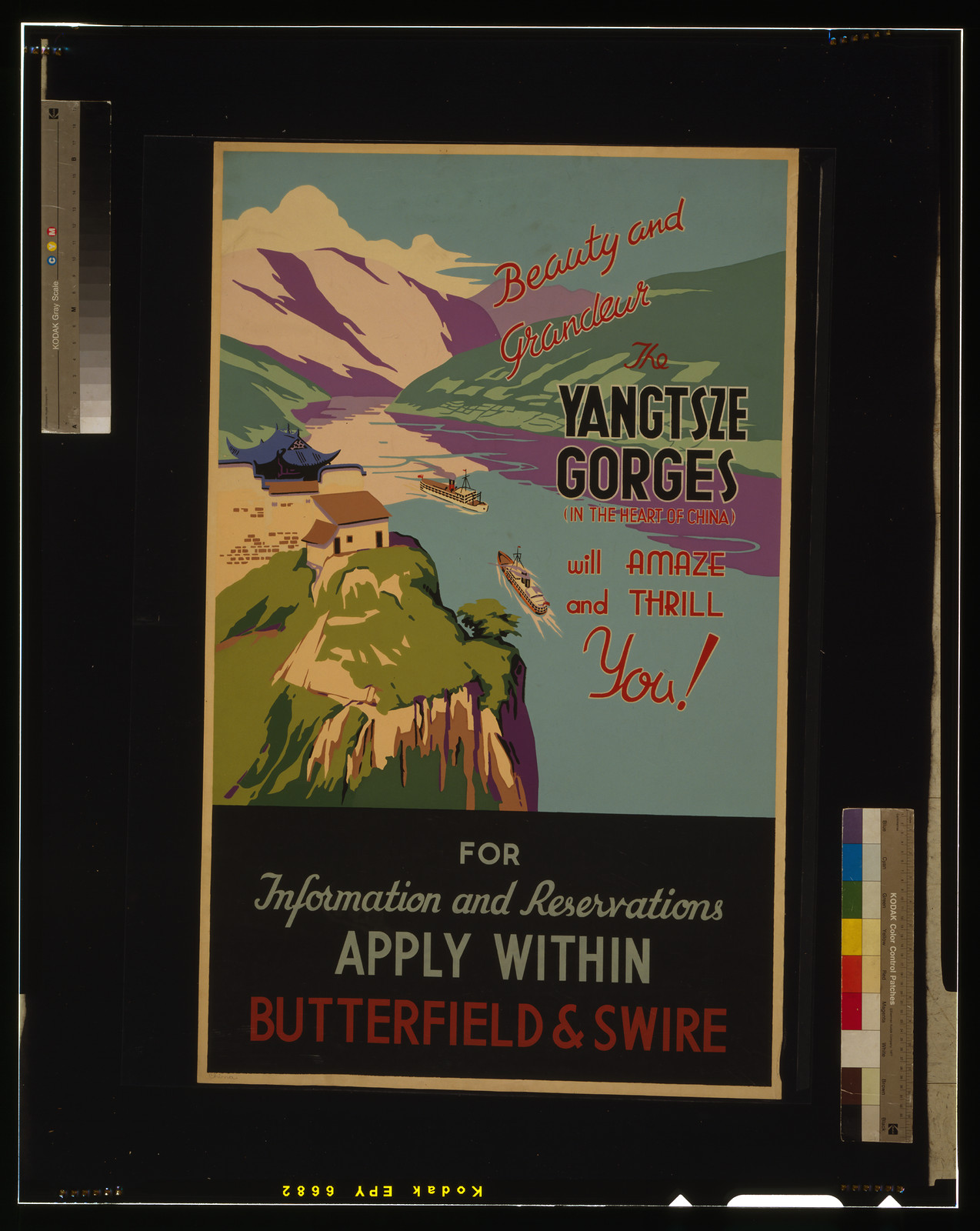 Beauty and grandeur - The Yangtsze (i.e., Yangtze) Gorges, in the heart of China, will amaze and thrill you! For information and reservations apply within - Butterfield & Swire., [S.l. : s.n., ca. 1930] — vintage poster
