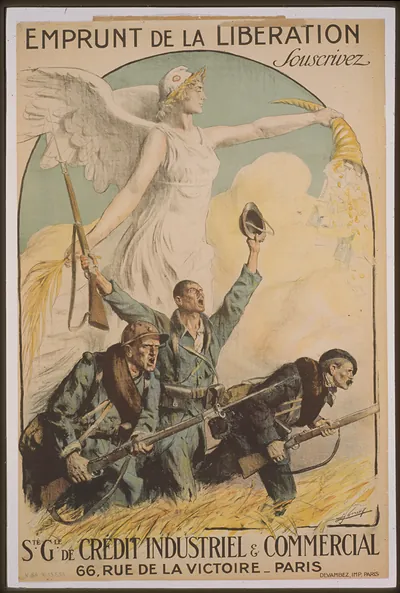 Emprunt de la Liberation, Souscrivez: war loan poster with soldiers and Liberty figure