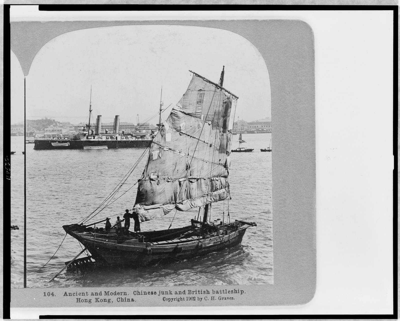 Ancient and modern--Chinese junk and British battleship, Hong Kong, China, Philadelphia : C.H. Graves, c1902. — historic photograph