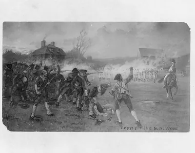 Colonial militia firing on advancing British troops, painting
