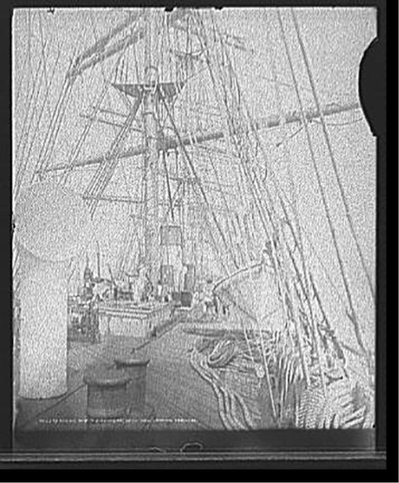 Sailing ship R.C. Rickmers, deck view, looking forward, [1906?] — historic photograph